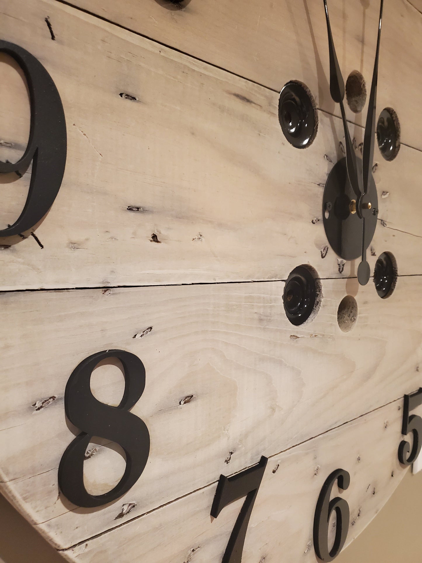 30" Spool clock - white washed 3D wood numbers