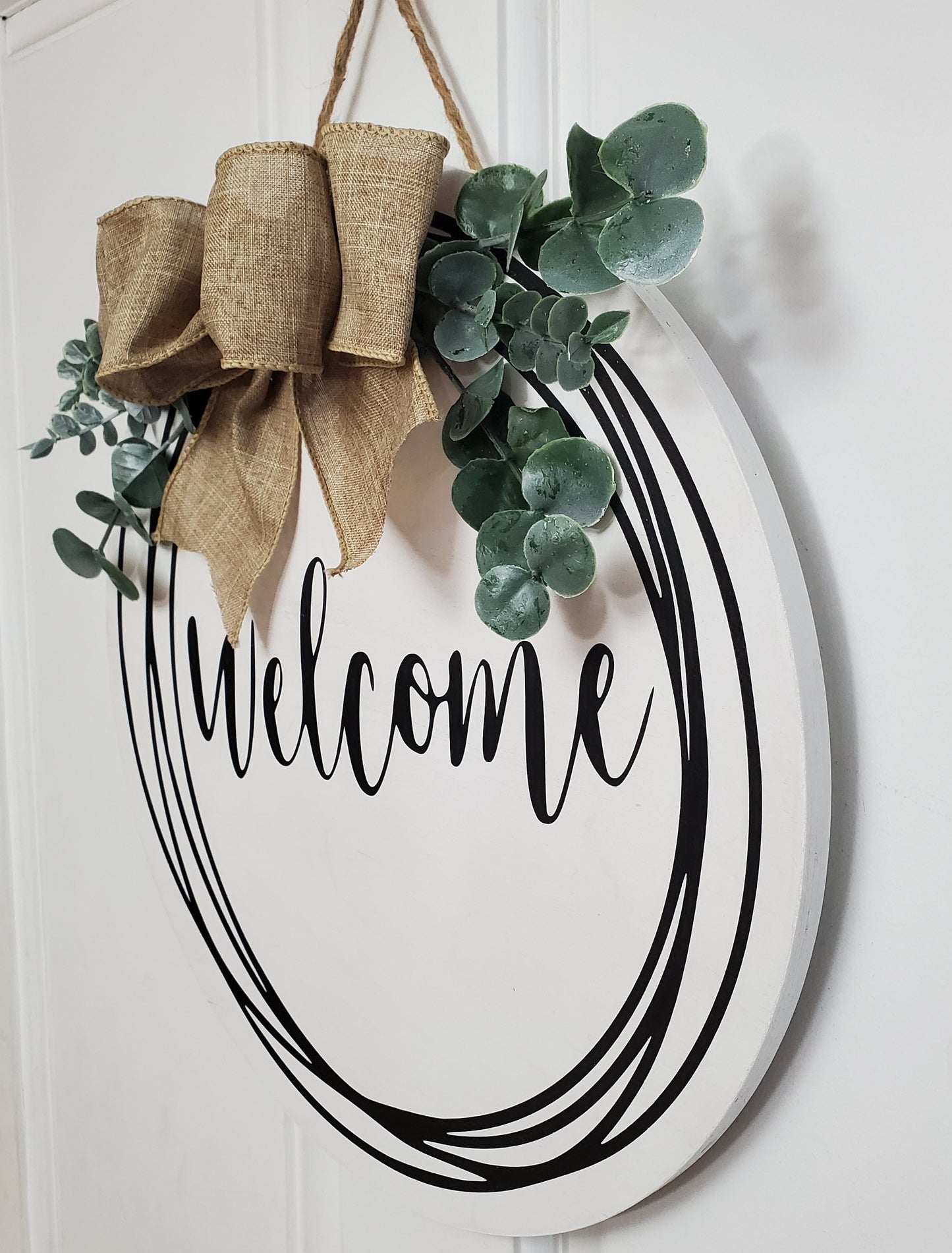 14" White washed welcome door hanger-Eucalyptus