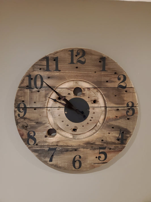 20" Rustic Spool Clock - Natural dark brown