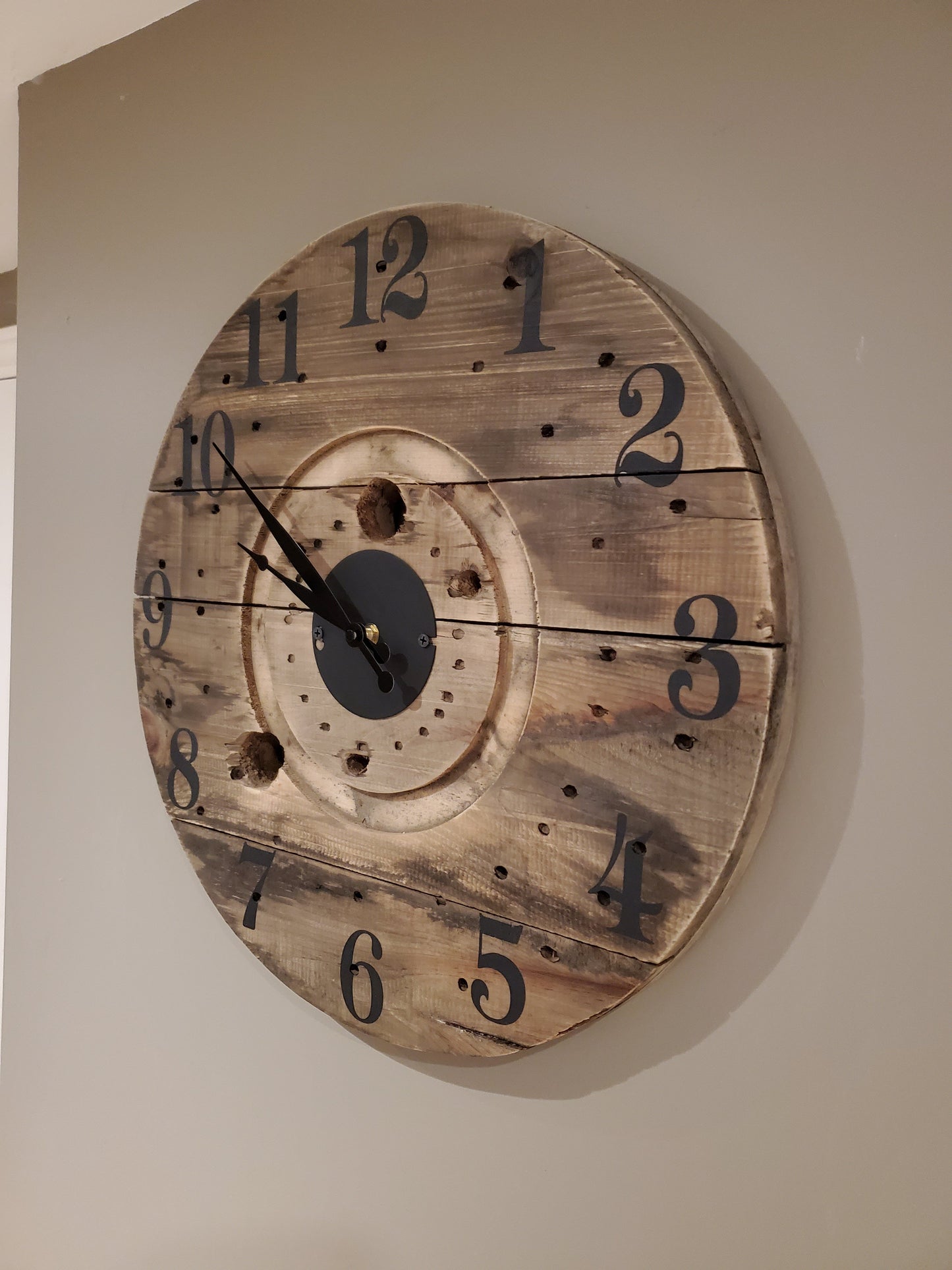 20" Rustic Spool Clock - Natural dark brown