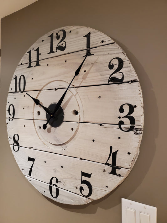 30" Spool clock- white washed