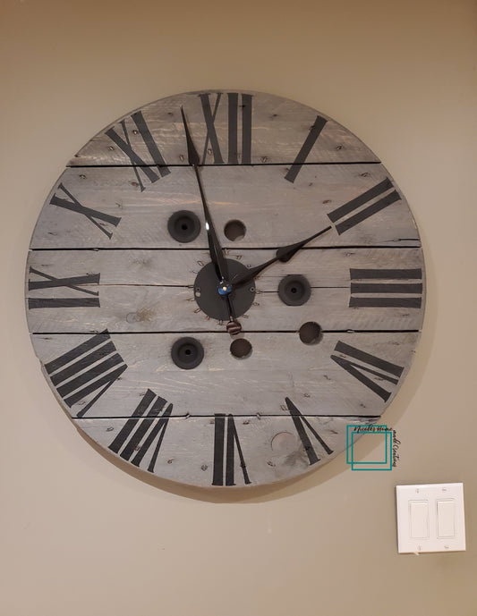 26" Spool clock- Stained weathered grey