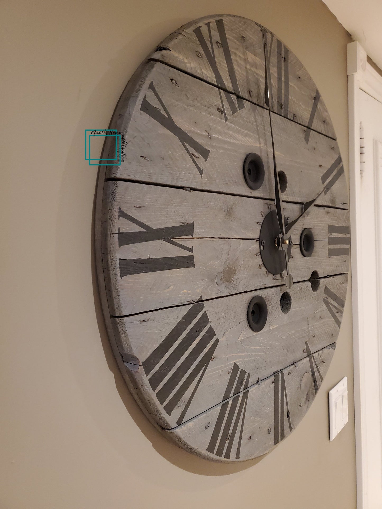 26" Spool clock- Stained weathered grey