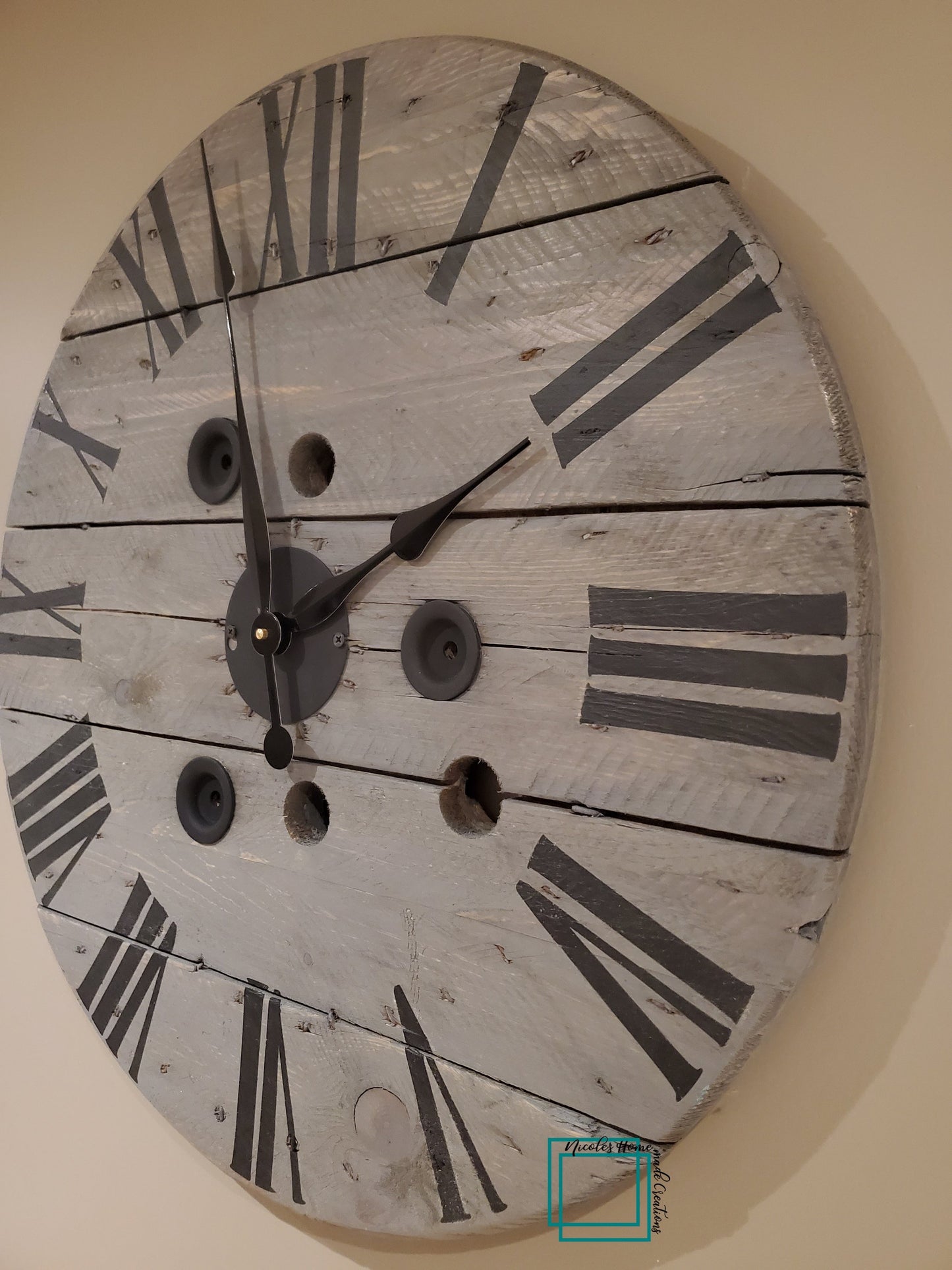 26" Spool clock- Stained weathered grey