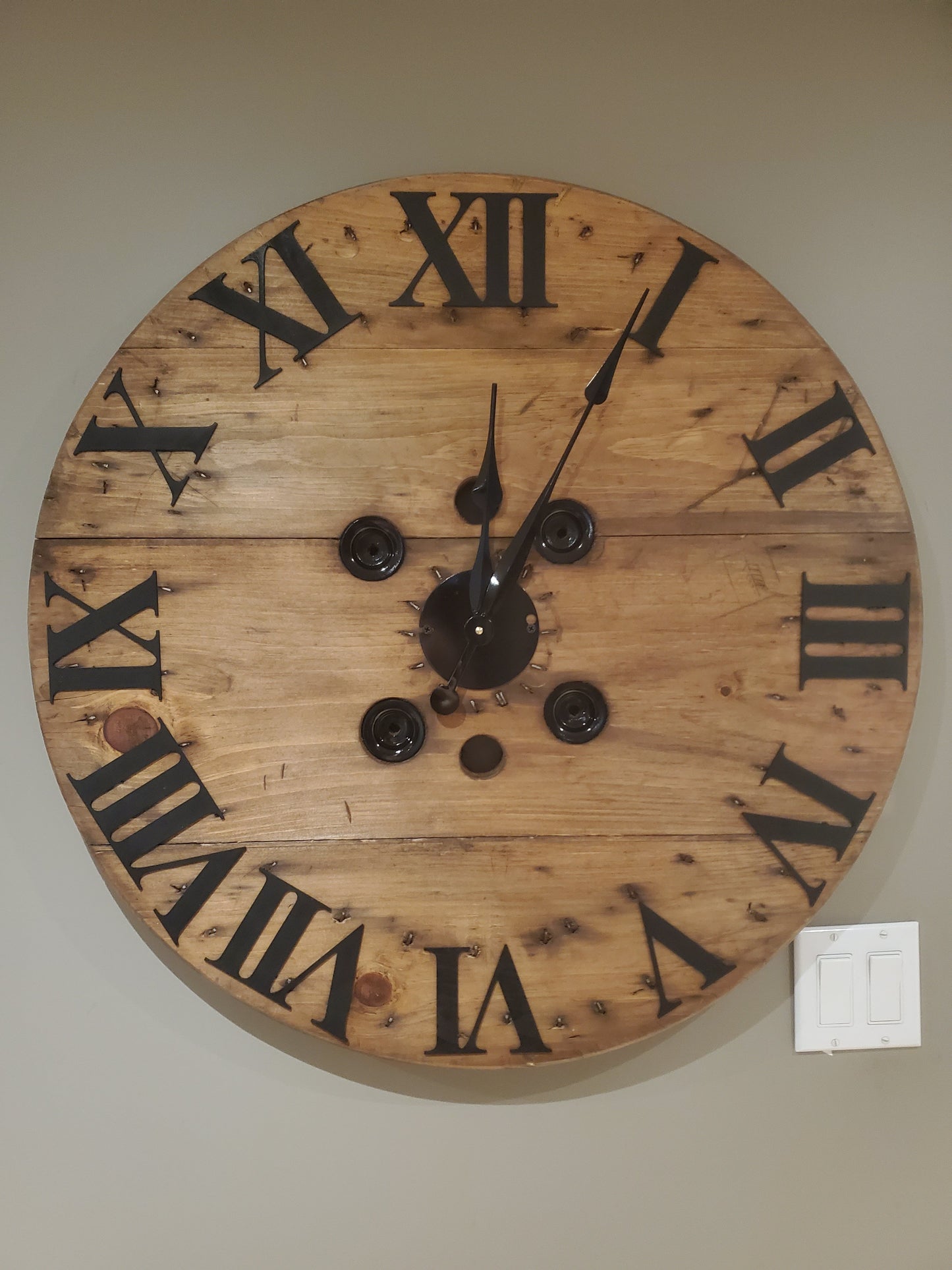 30" Spool clock- 3D wood roman numerals