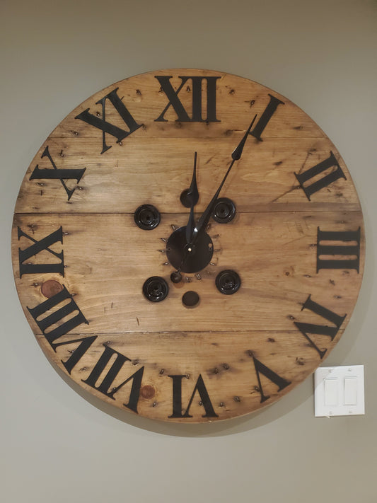 30" Spool clock- 3D wood roman numerals