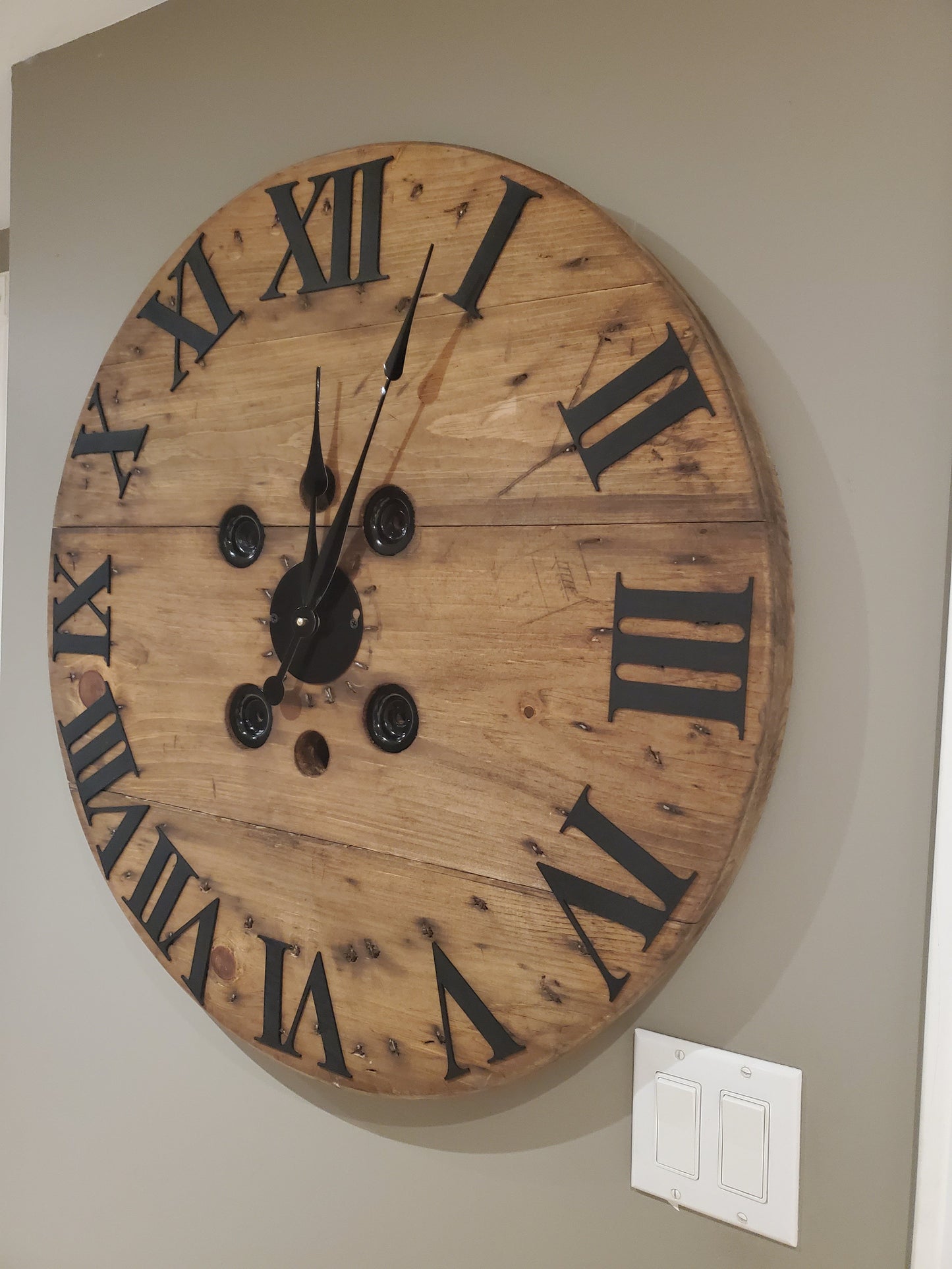 30" Spool clock- 3D wood roman numerals