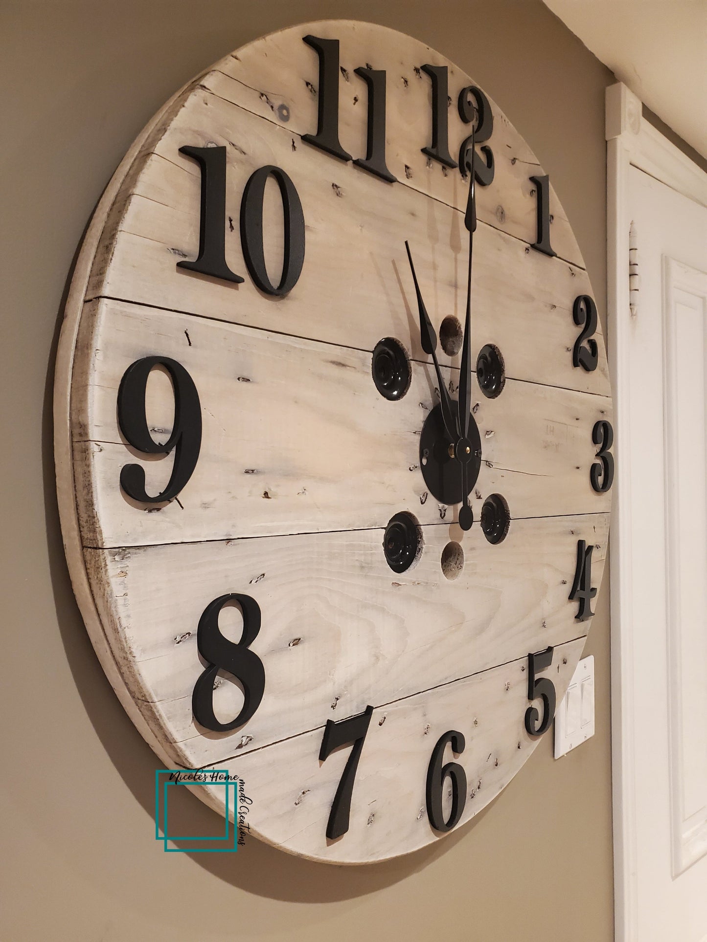 30" Spool clock - white washed 3D wood numbers