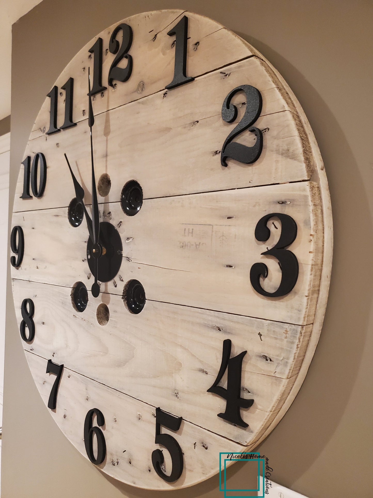 30" Spool clock - white washed 3D wood numbers