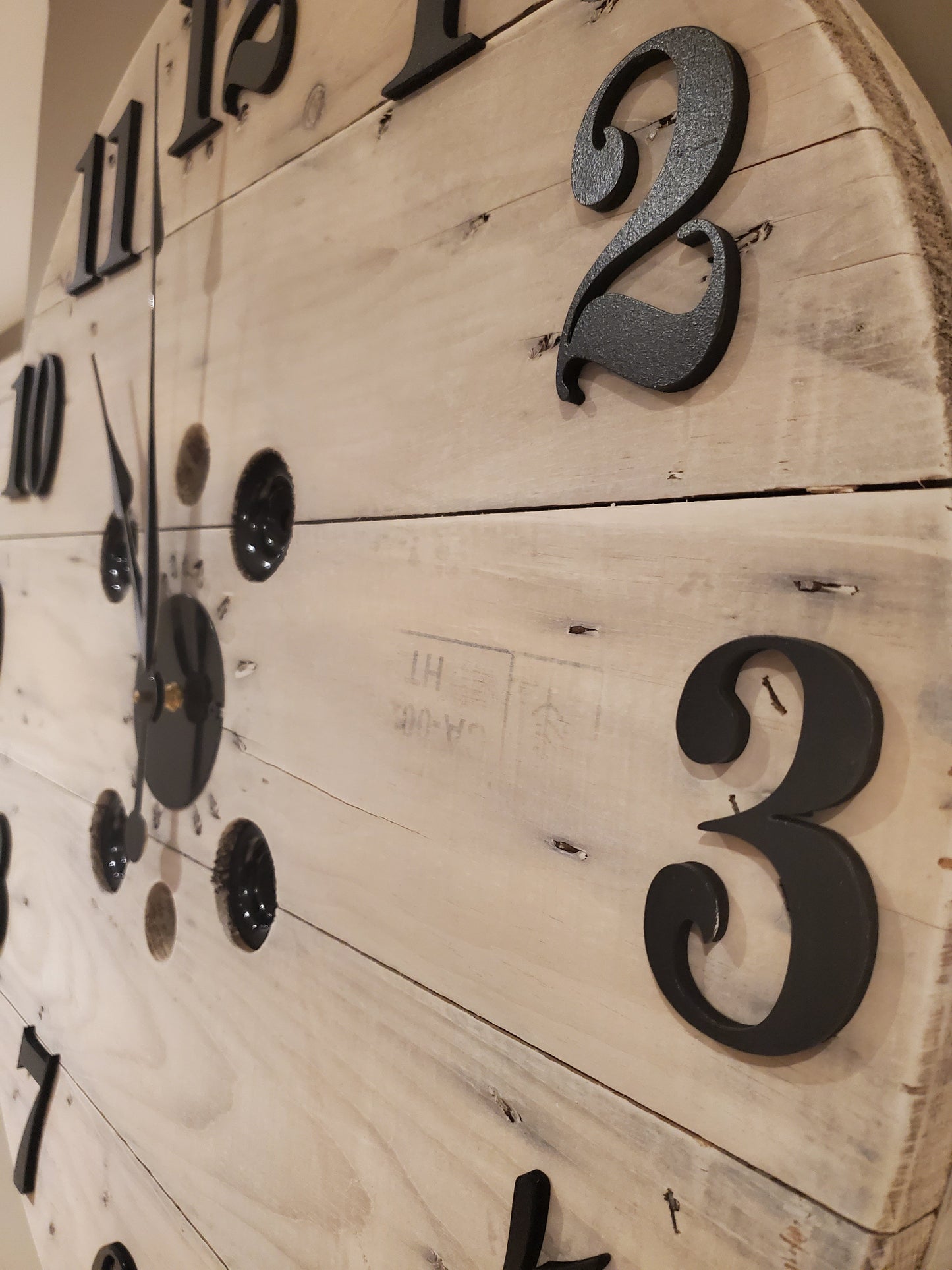 30" Spool clock - white washed 3D wood numbers
