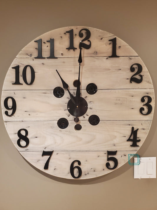 30" Spool clock - white washed 3D wood numbers