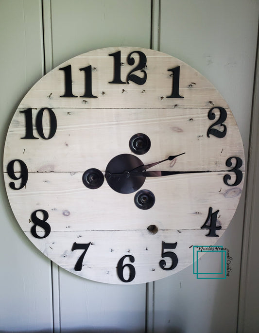 24" Spool Clock 3D wood numbers -white washed