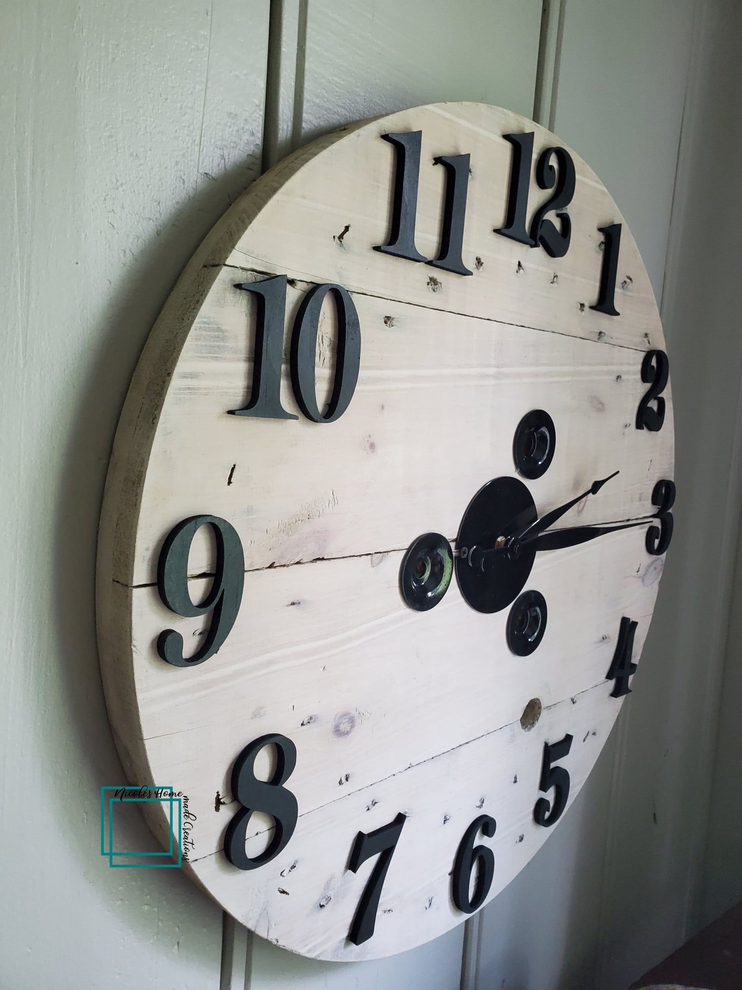 24" Spool Clock 3D wood numbers -white washed