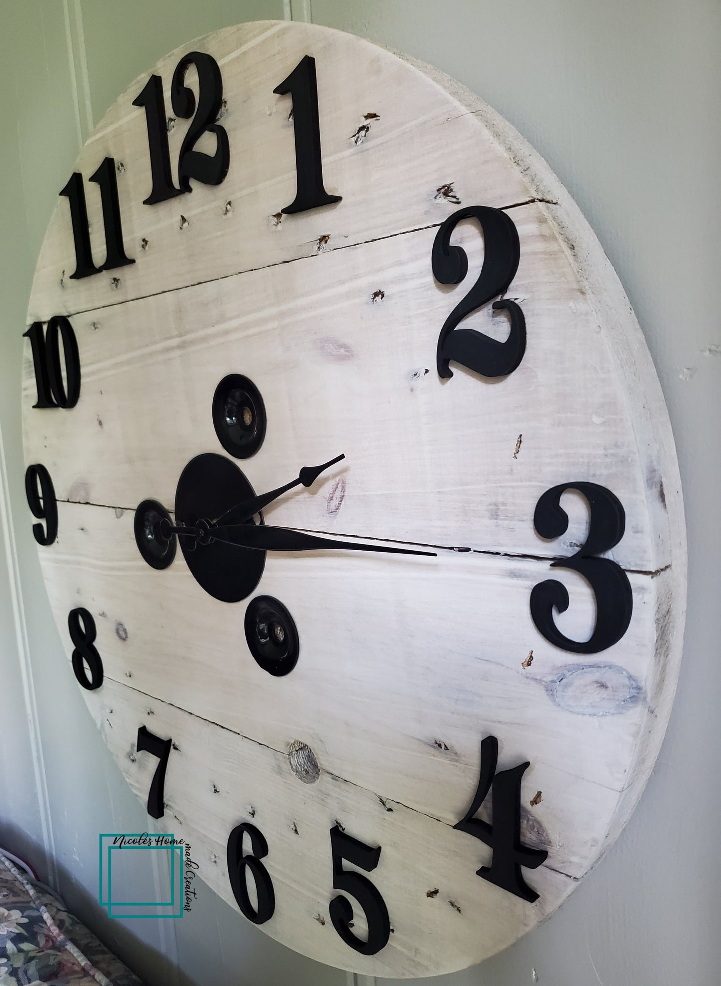24" Spool Clock 3D wood numbers -white washed