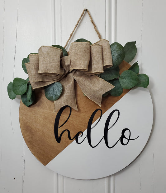 14" Hello door hanger -Eucalyptus leaves
