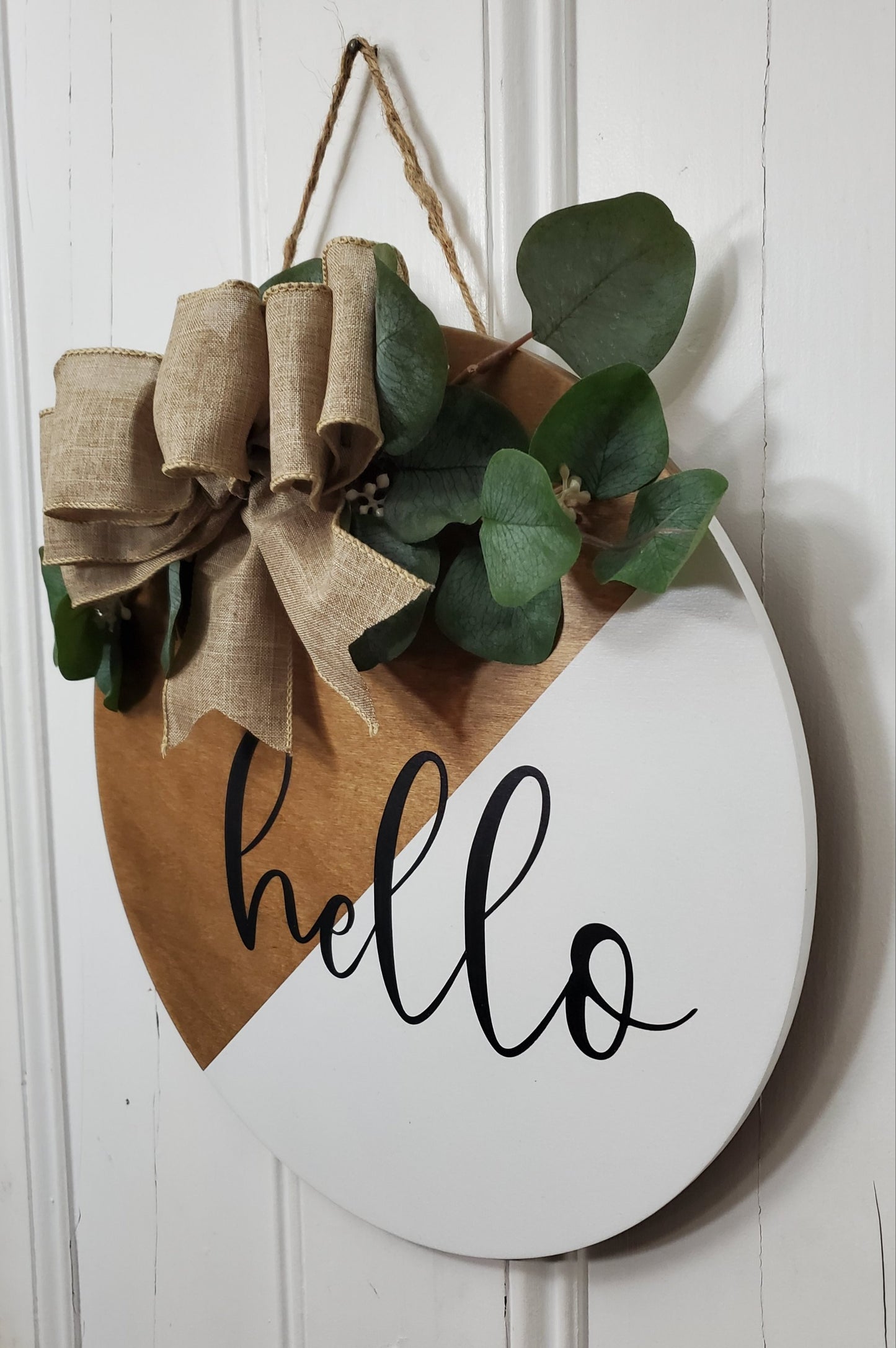 14" Hello door hanger -Eucalyptus leaves