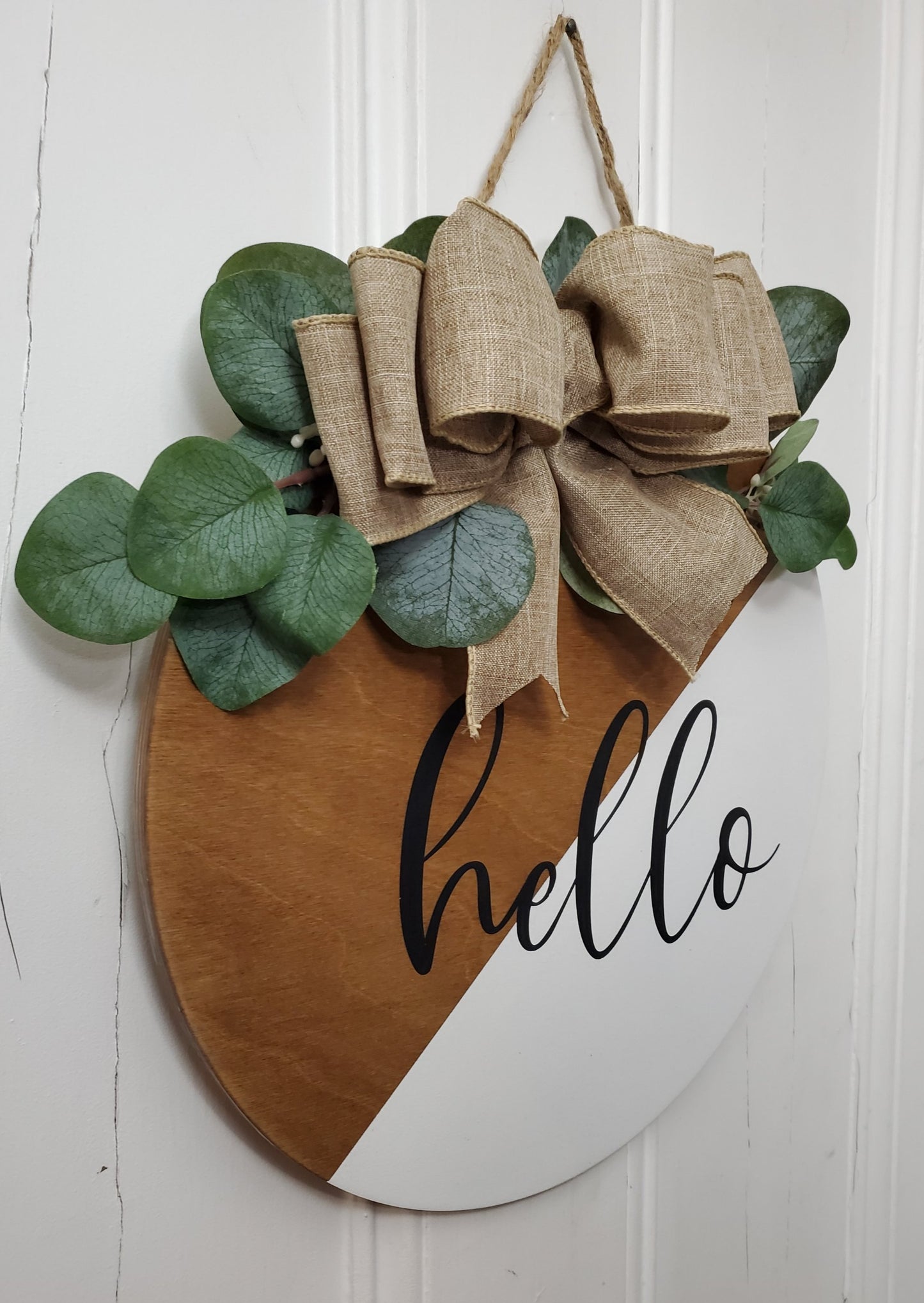 14" Hello door hanger -Eucalyptus leaves