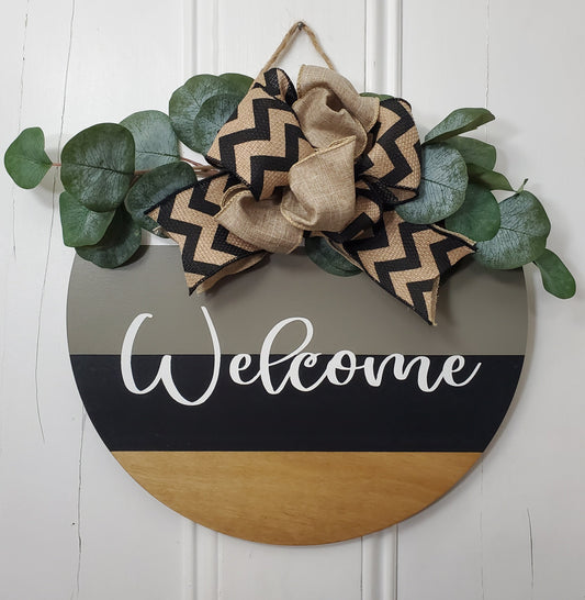14" Welcome -gray/black striped -chevron