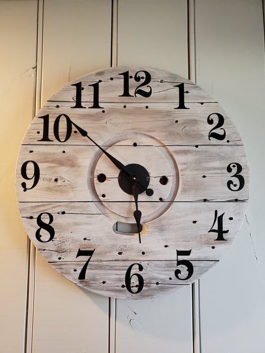 30" Spool clock- white washed