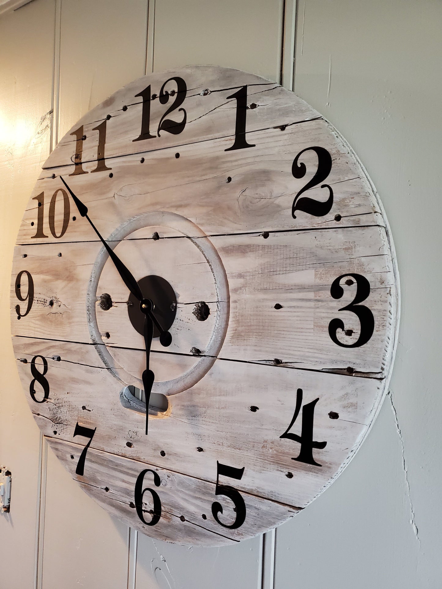 30" Spool clock- white washed