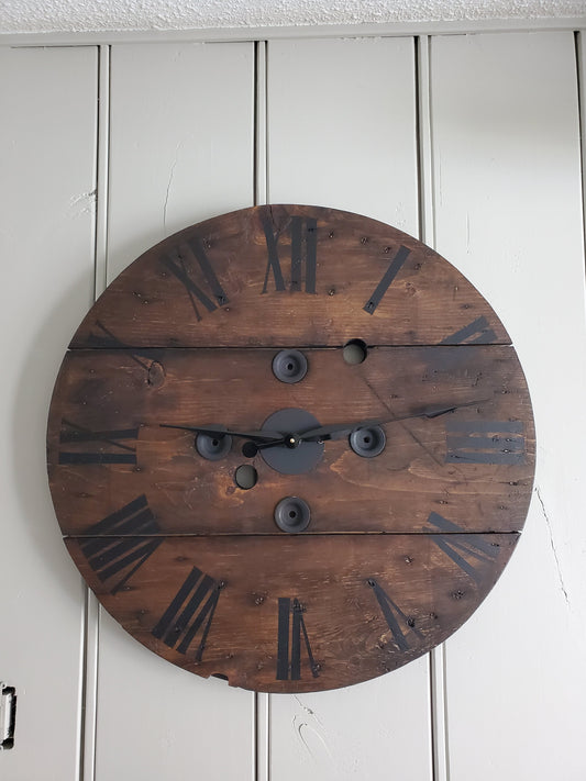 30" Rustic Spool Clock - Dark walnut