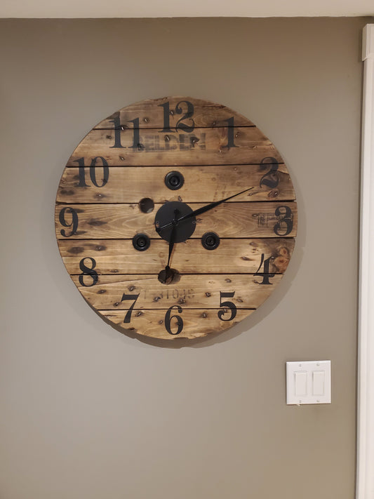 24" Rustic spool clock- stained walnut
