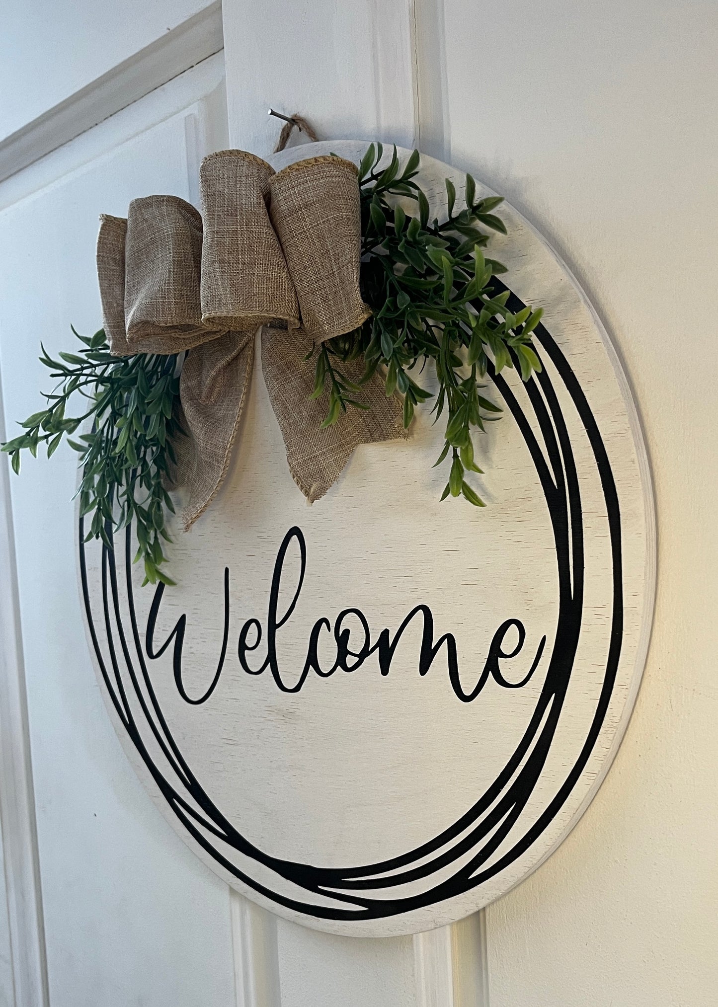 14" Welcome Door hanger - White washed