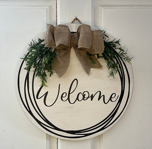 14" Welcome Door hanger - White washed